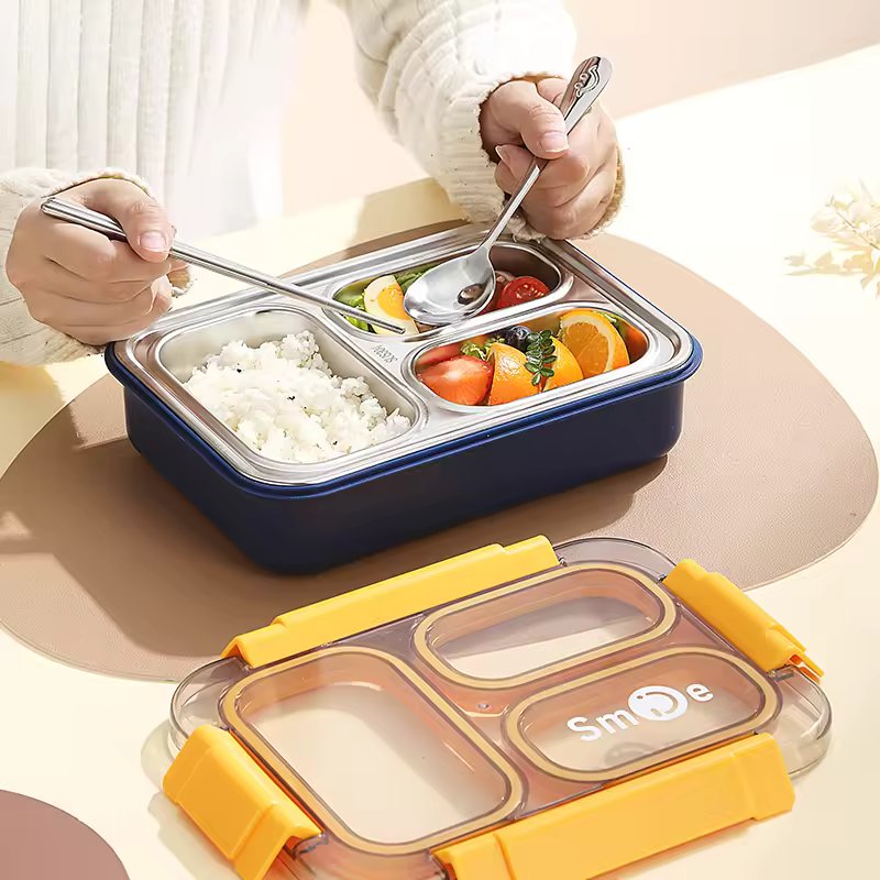 Smile Insulated 3 Grid Lunch Box, 3 Portion Bento Lunch Container, School Kids Stainless Steel Tiffin Box Smile Insulated 3 Grid Lunch Box, 3 Portion Bento Lunch Container, School Kids Stainless Steel Tiffin Box